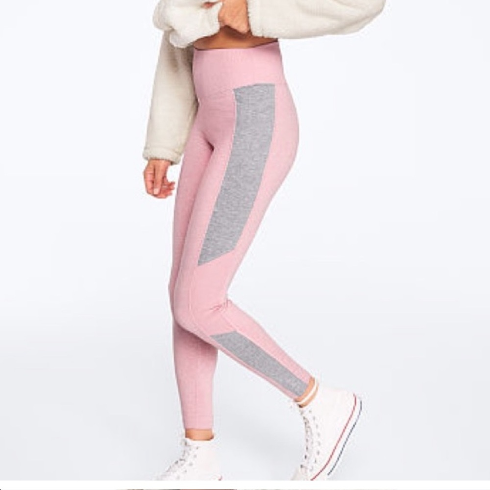 EUC PINK VS high waist cozy leggings w/side pockets—light pink w/grey, S